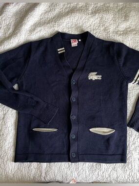 Vintage Lacoste Navy Cardigan with Cream Trim and Croc Patch